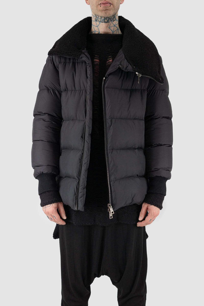 Front view of Black Transform Puffer Jacket for Men with detachable collar, LA HAINE INSIDE US