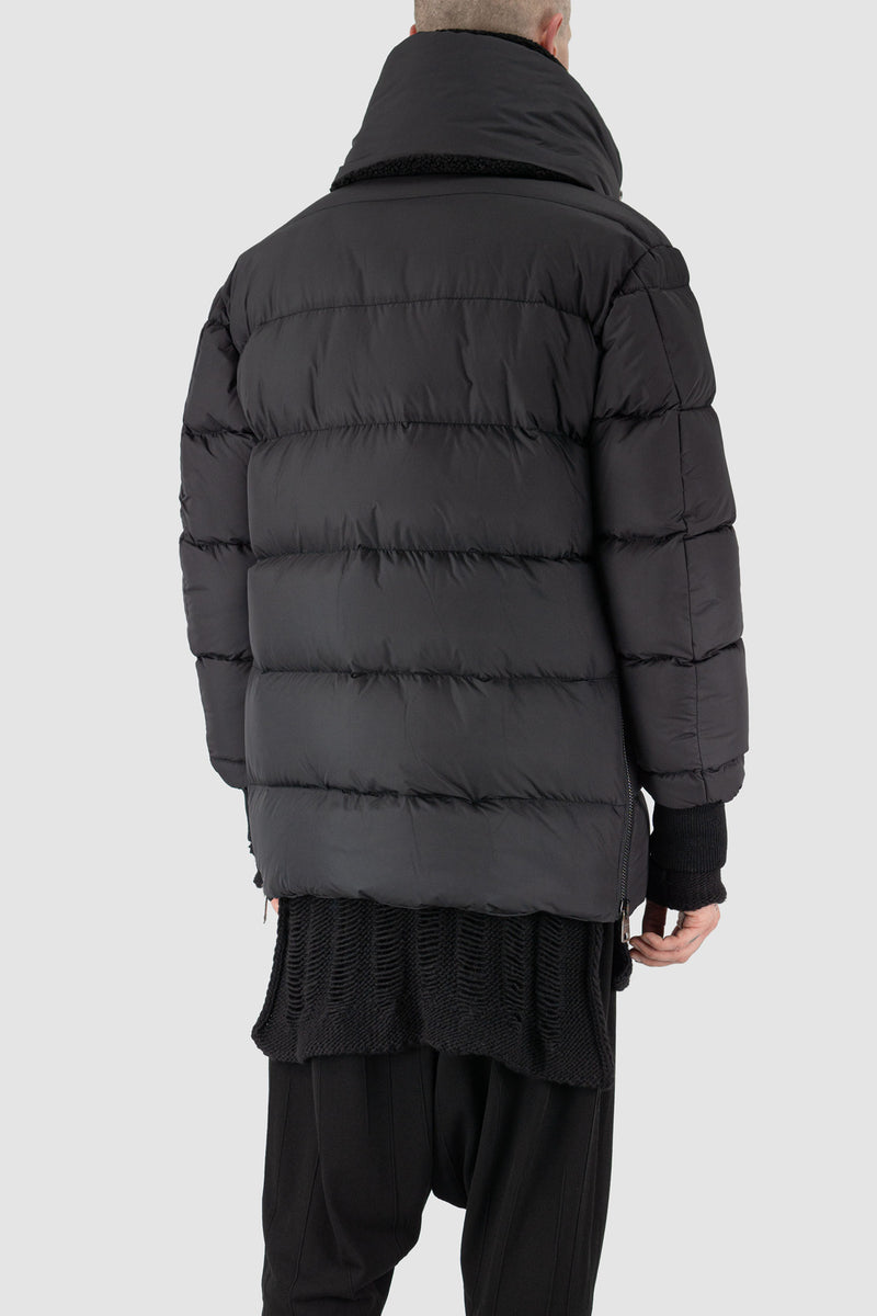 Back view of Black Transform Puffer Jacket for Men with detachable collar, LA HAINE INSIDE US