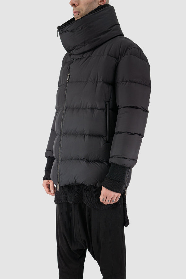 Side view of Black Transform Puffer Jacket for Men with detachable collar, LA HAINE INSIDE US