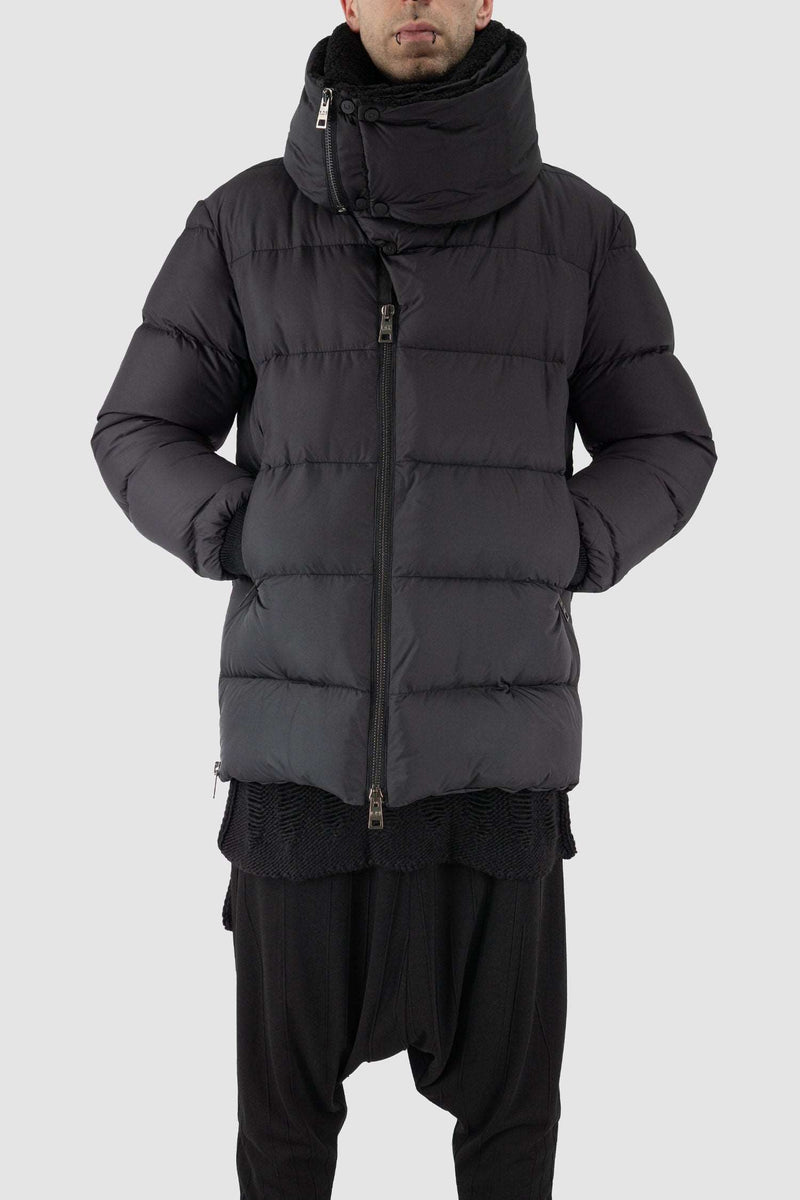 Front view of Black Transform Puffer Jacket for Men with detachable collar, LA HAINE INSIDE US