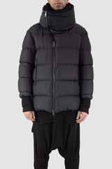 Front view of Black Transform Puffer Jacket for Men with detachable collar, LA HAINE INSIDE US