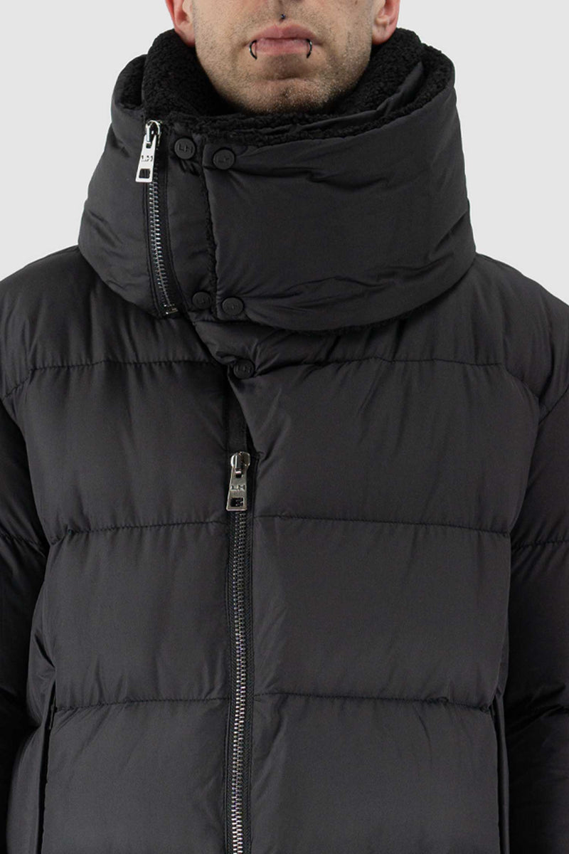 Detail view of Black Transform Puffer Jacket for Men with detachable collar, LA HAINE INSIDE US