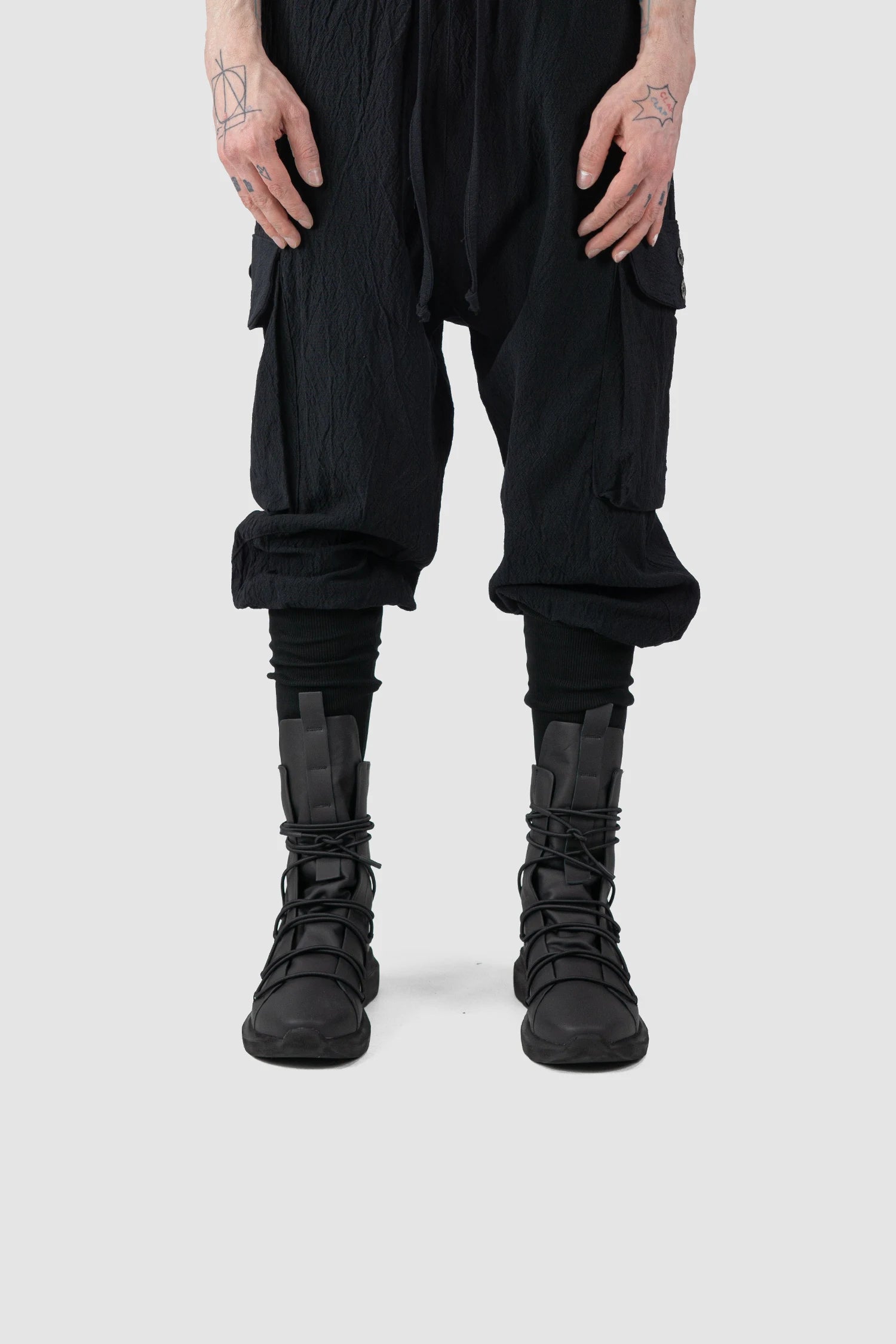 Black Matte Calf Leather All-Over Lacing Sock Sneakers