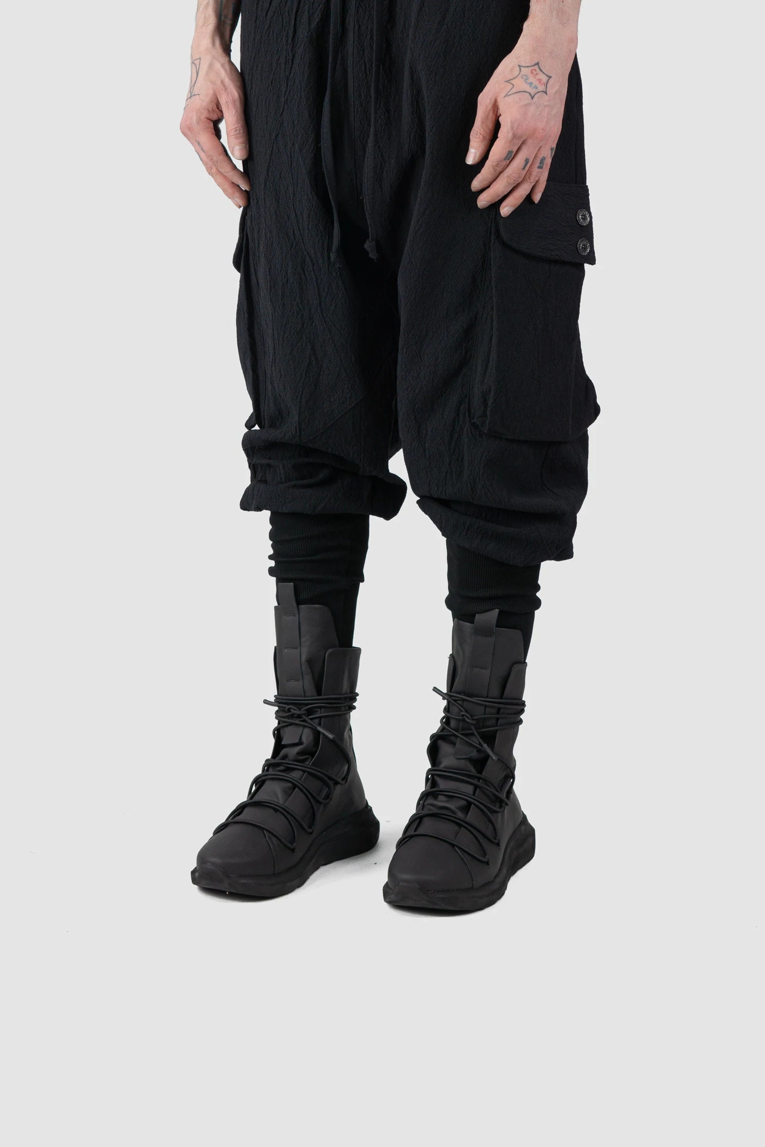 Black Matte Calf Leather All-Over Lacing Sock Sneakers