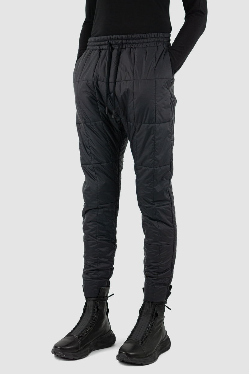 Detail view of Black Quilted Slim Pants for Men with recycled polyamide and merino wool, FW23, NOMEN NESCIO