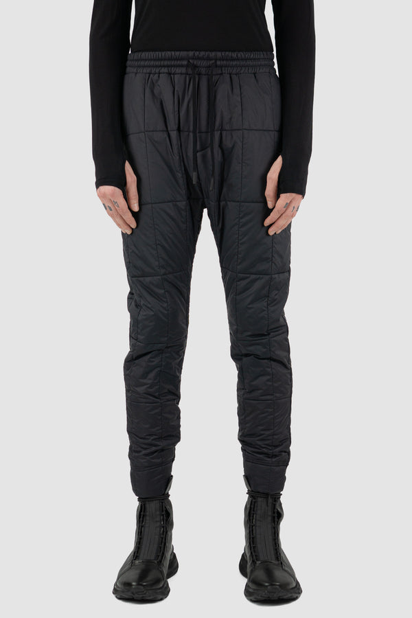 Front view of Black Quilted Slim Pants for Men with recycled polyamide and merino wool, FW23, NOMEN NESCIO