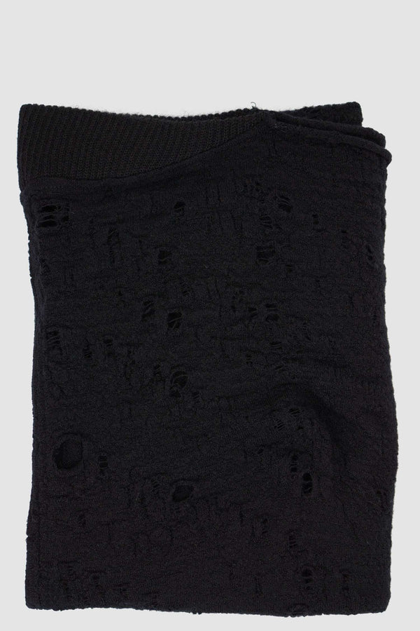 Front view of Black Merino Wool Rib Scarf for Men with raw edges, LEON LOUIS