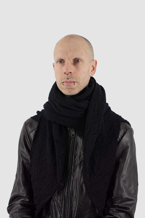Model view of Black Merino Wool Rib Scarf for Men with raw edges, LEON LOUIS