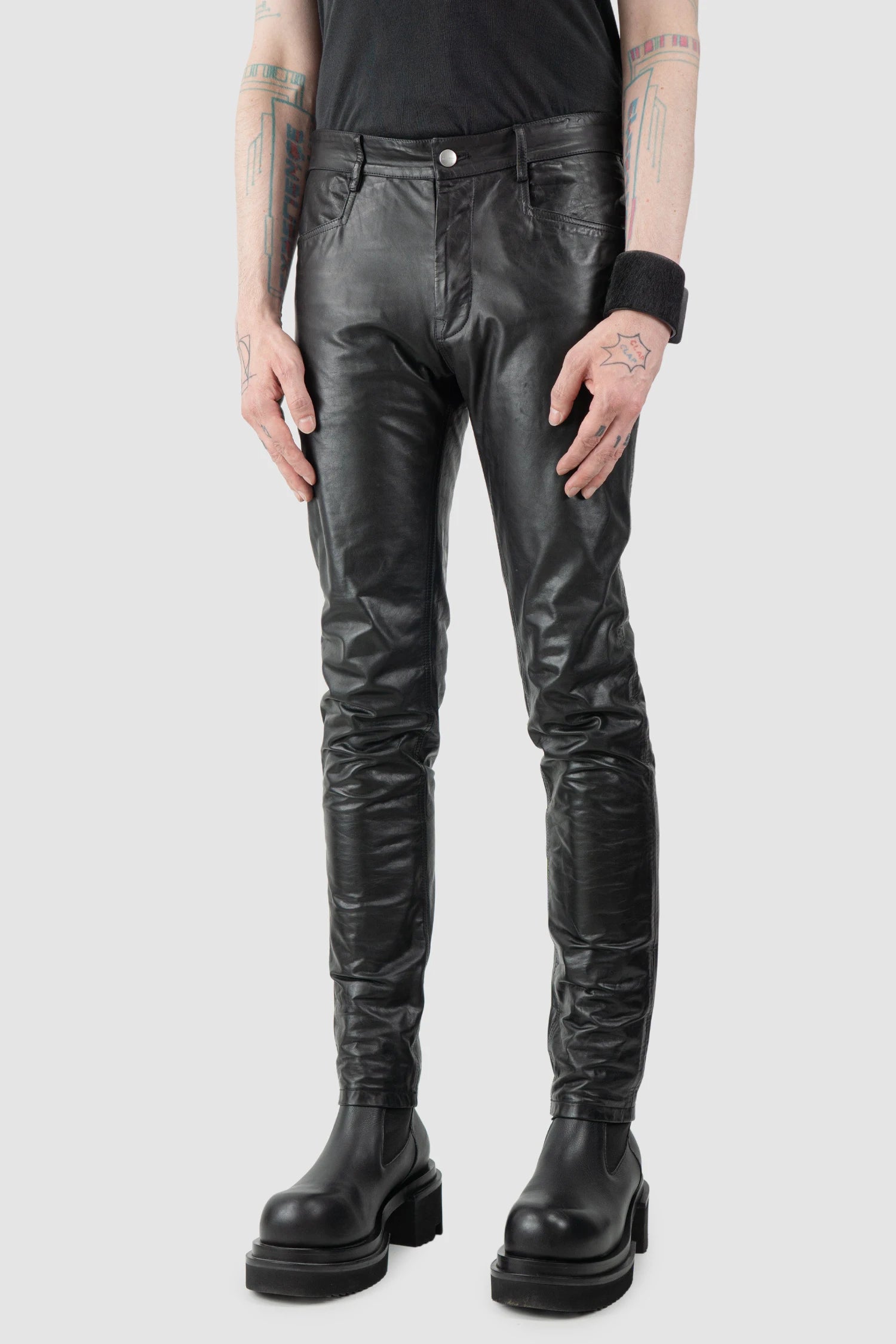 Rick Owens - Black Calf Leather Tyrone Jeans FW21 "Gethsemane" - model front side view