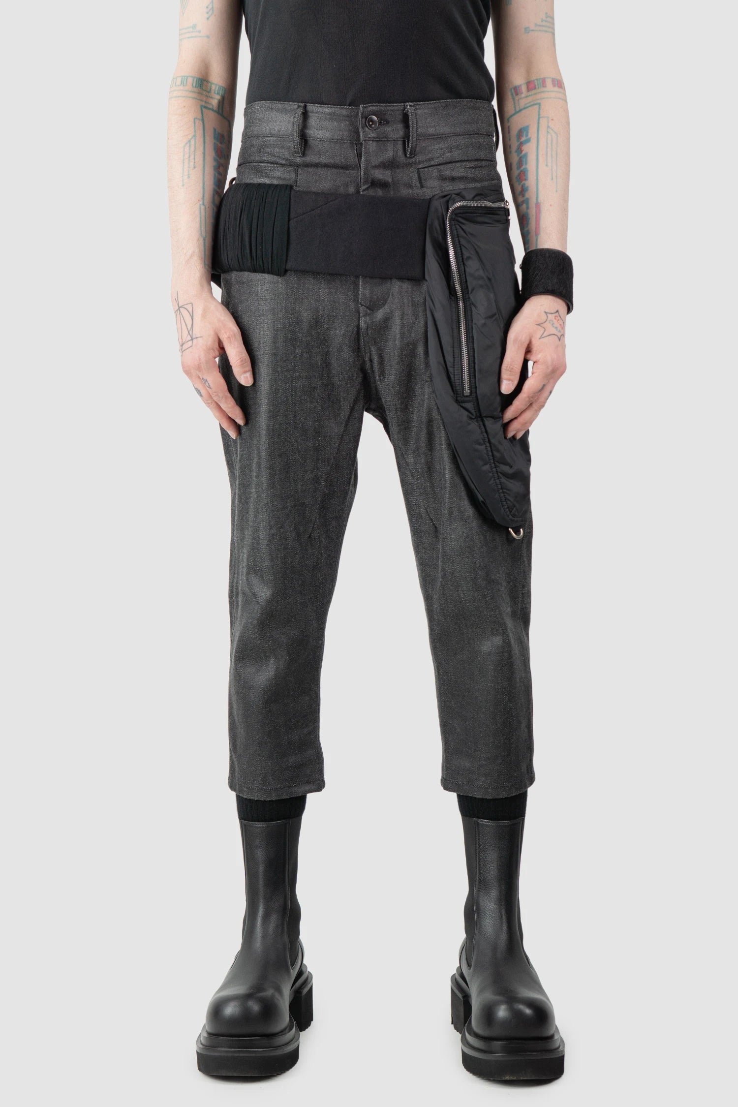 Rick Owens - Black Coated Belted Cropped Cargo Trousers FW17 "Glitter" - model front view