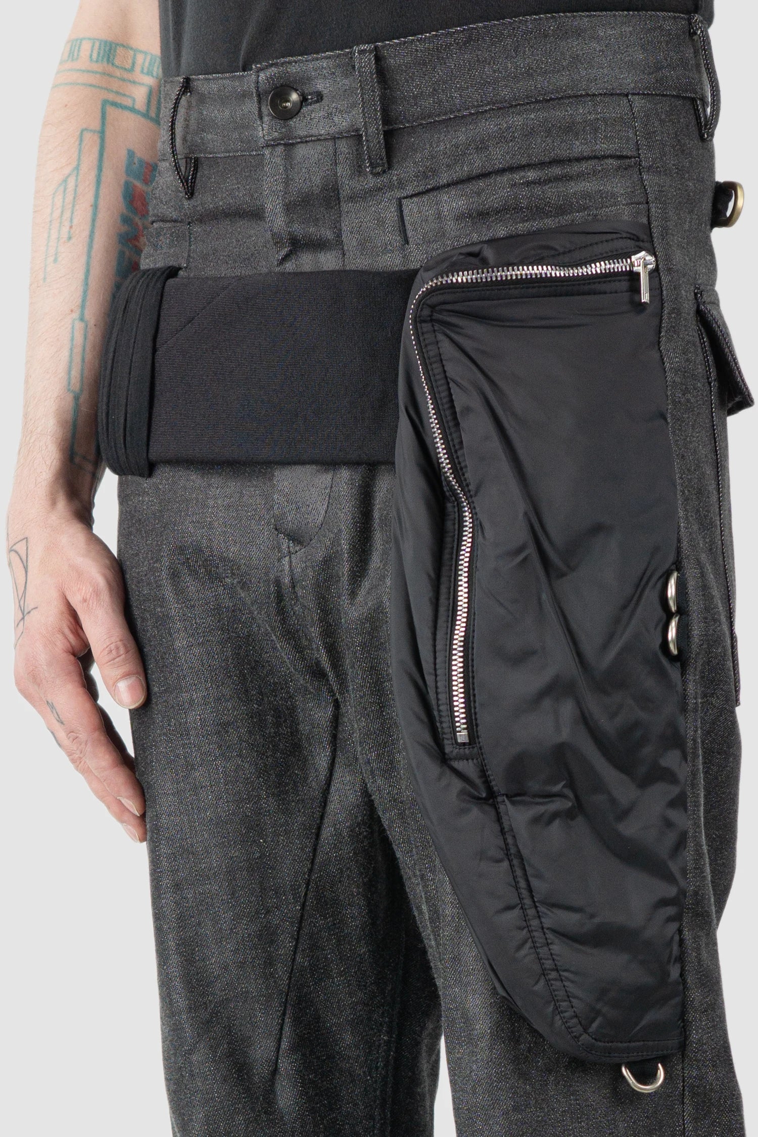 Rick Owens - Black Coated Belted Cropped Cargo Trousers FW17 "Glitter" - pocket detail view