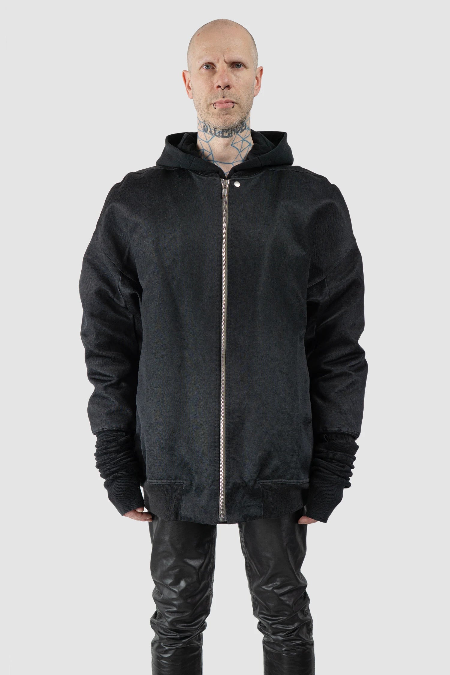 Rick Owens - Black Down Padded Jumbo Peter Flight Bomber Jacket FW22 "Strobe" - model front view - MONO-KROM | Gallery
