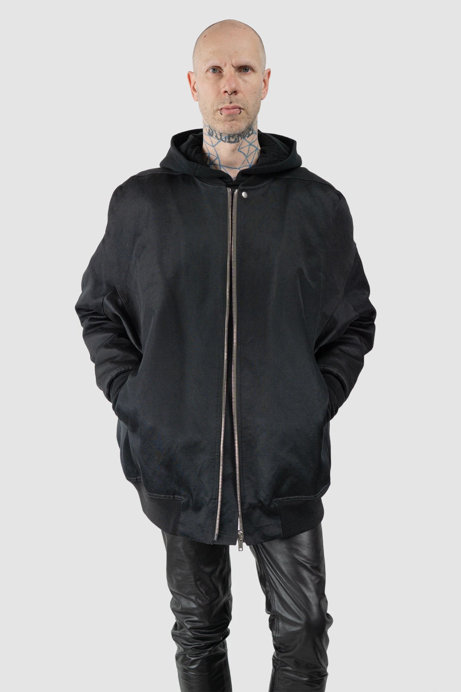 Rick Owens - Black Down Padded Jumbo Peter Flight Bomber Jacket FW22 "Strobe" - model relaxed view