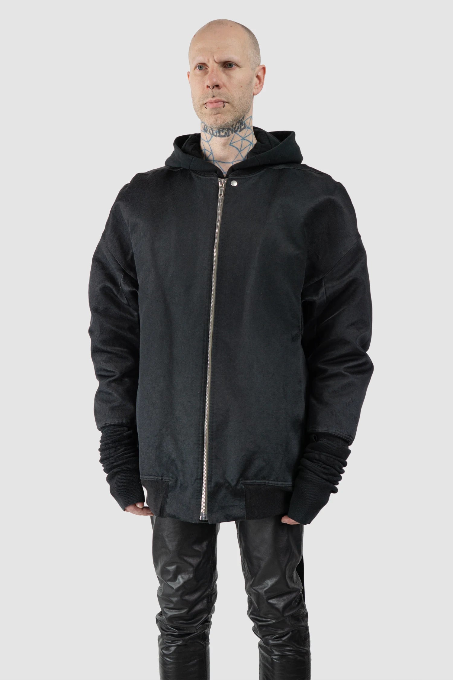 Rick Owens - Black Down Padded Jumbo Peter Flight Bomber Jacket FW22 "Strobe" - model front side view - MONO-KROM | Gallery