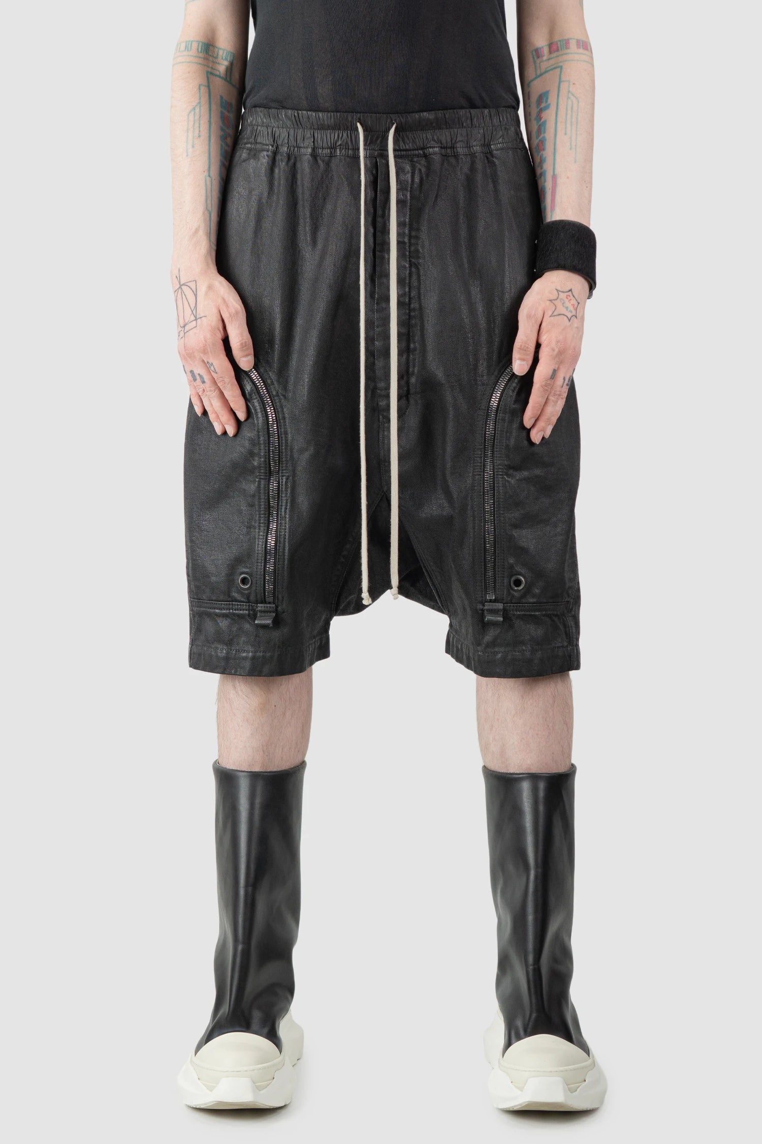 Rick Owens - Black Heavy Waxed Denim Bauhaus Pod Shorts SS20 "Tecuatl" - model front view