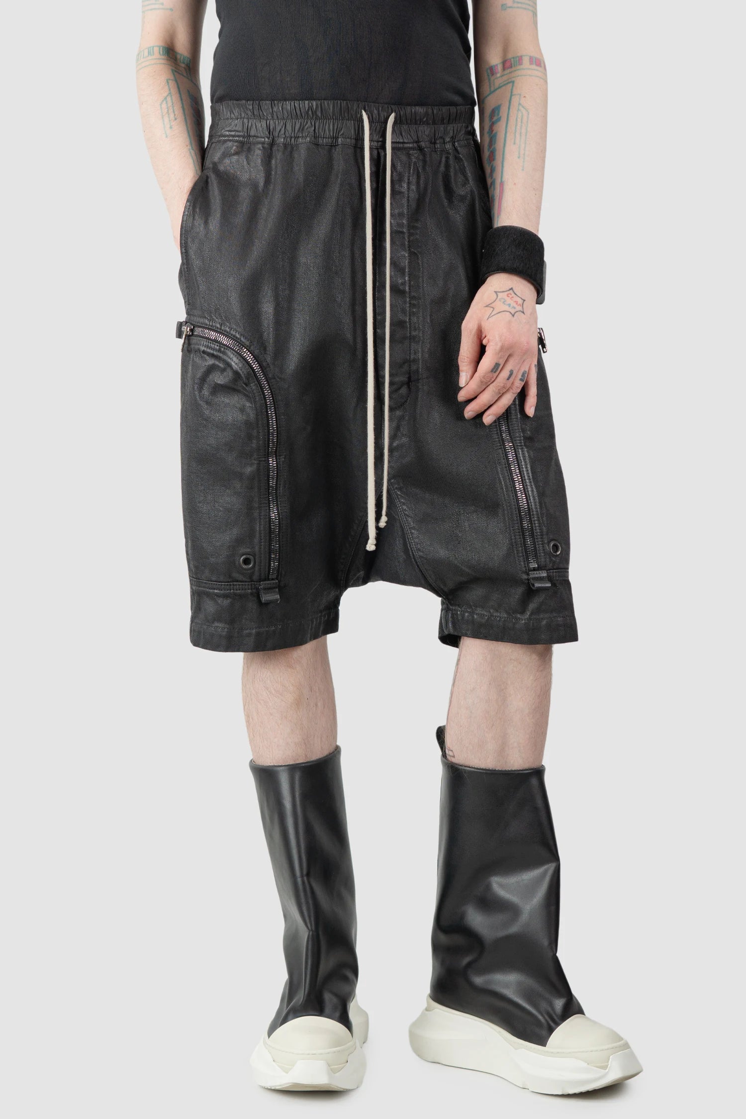Rick Owens - Black Heavy Waxed Denim Bauhaus Pod Shorts SS20 