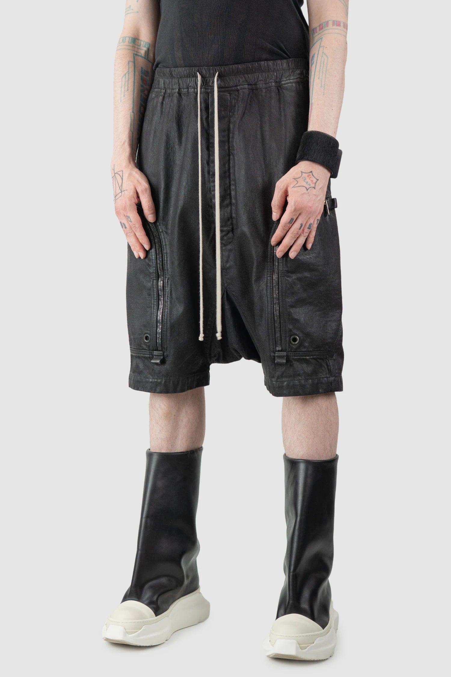 Rick Owens - Black Heavy Waxed Denim Bauhaus Pod Shorts SS20 