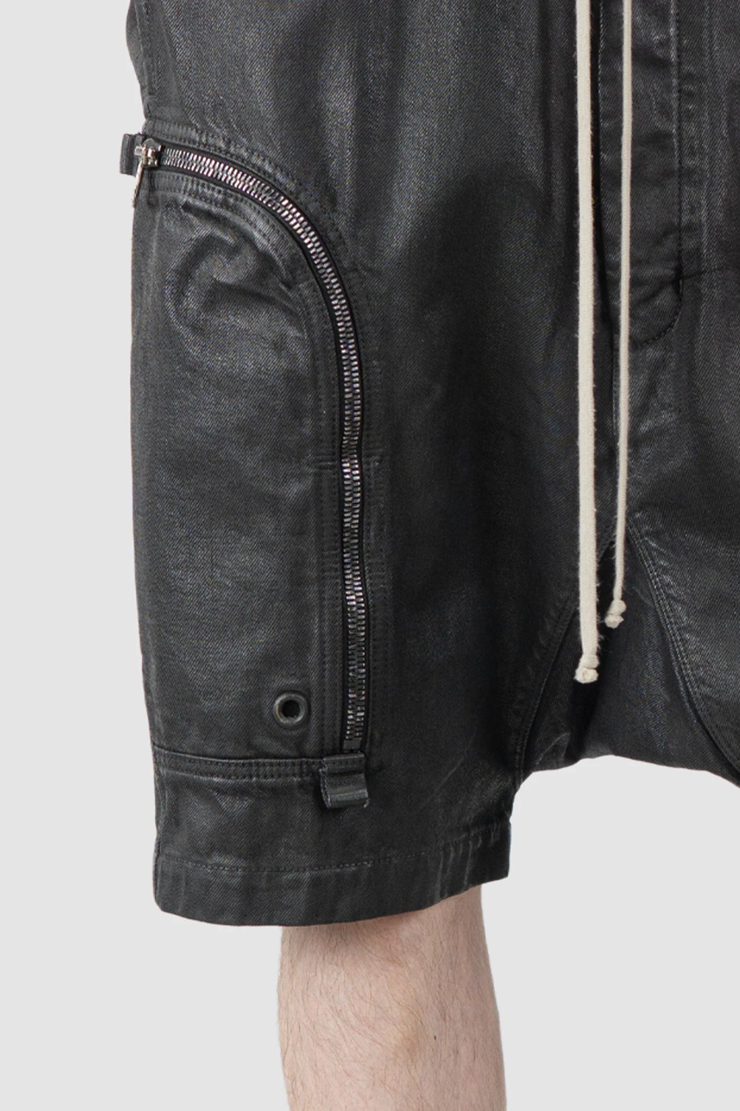 Rick Owens - Black Heavy Waxed Denim Bauhaus Pod Shorts SS20 "Tecuatl" - pocket detail view