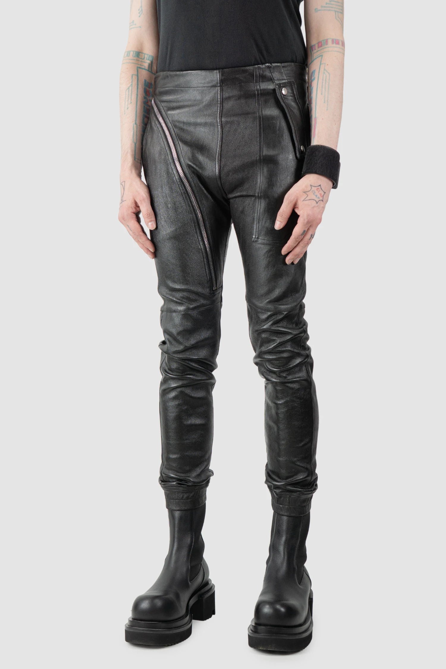Rick Owens - Black Lamb Leather Air Cut Jeans FW19 "Larry" - model front side view