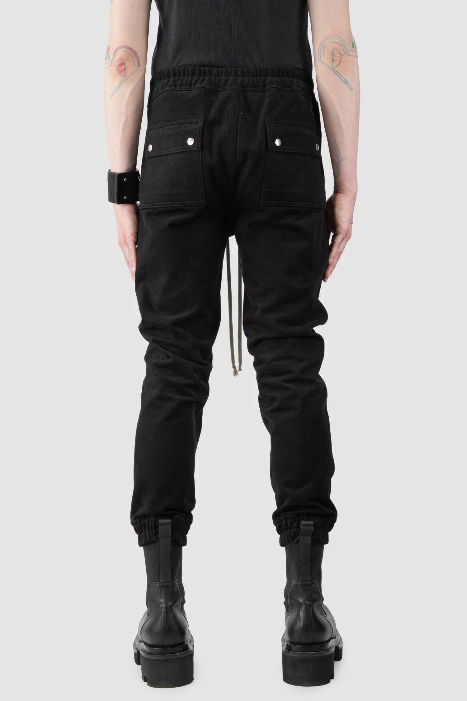 Rick Owens - Black Leather Patch Larry Cargo Joggers FW22 "Strobe" - model back view