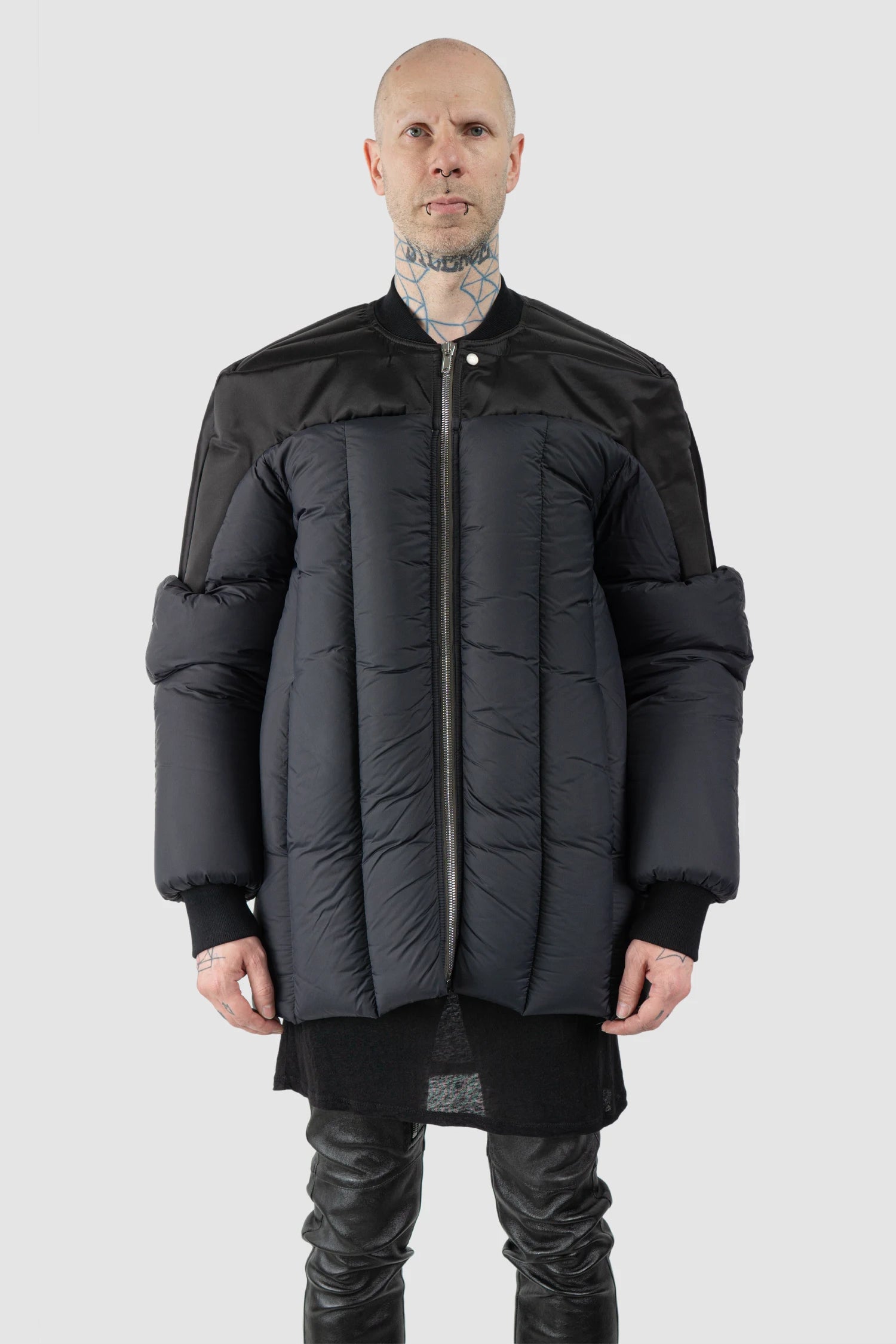 Rick Owens - Black Padded Shoulder Geth Bomber Down Jacket FW21 "Gethsemane" - model front view - MONO-KROM | Gallery