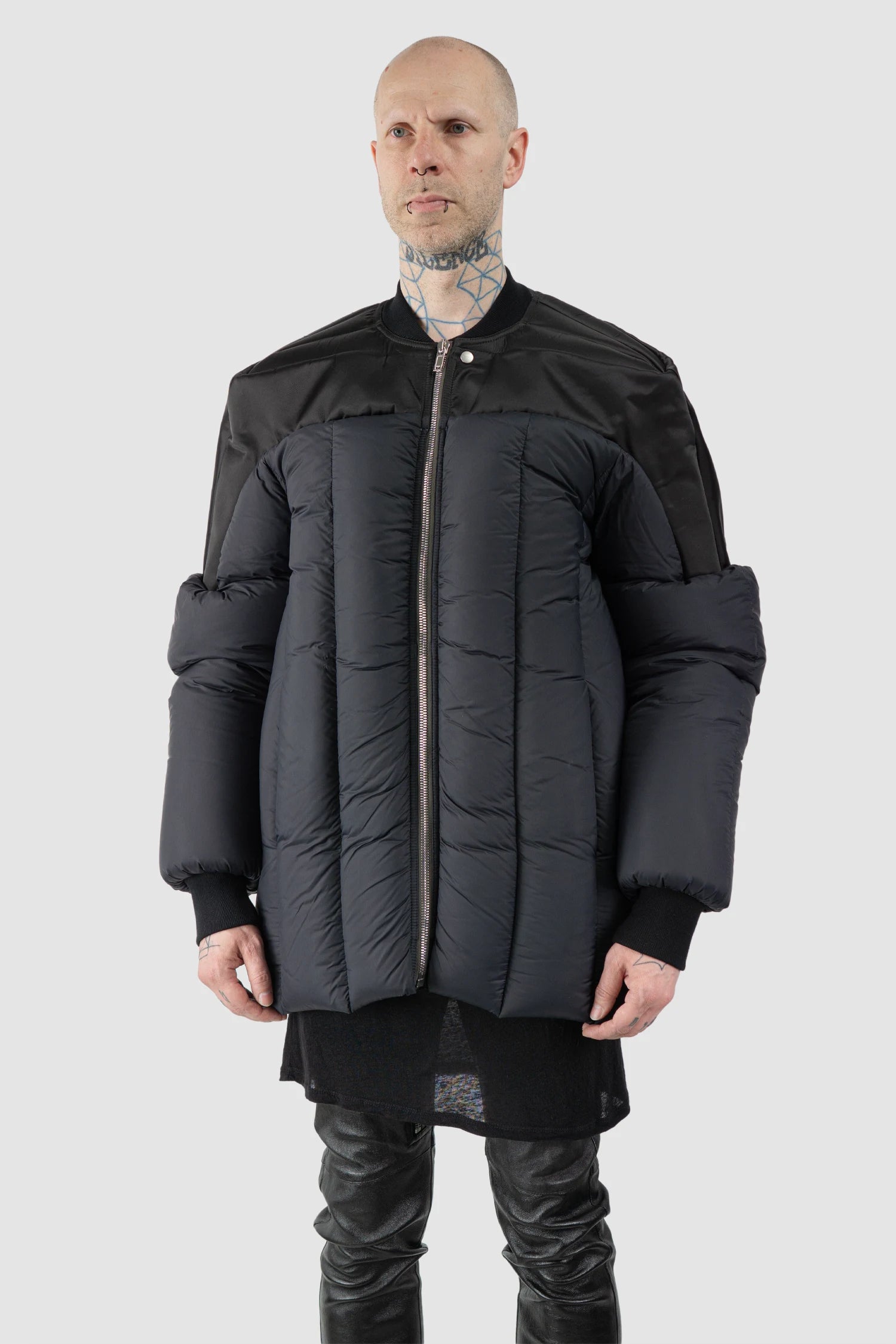 Rick Owens - Black Padded Shoulder Geth Bomber Down Jacket FW21 "Gethsemane" - model front side view - MONO-KROM | Gallery