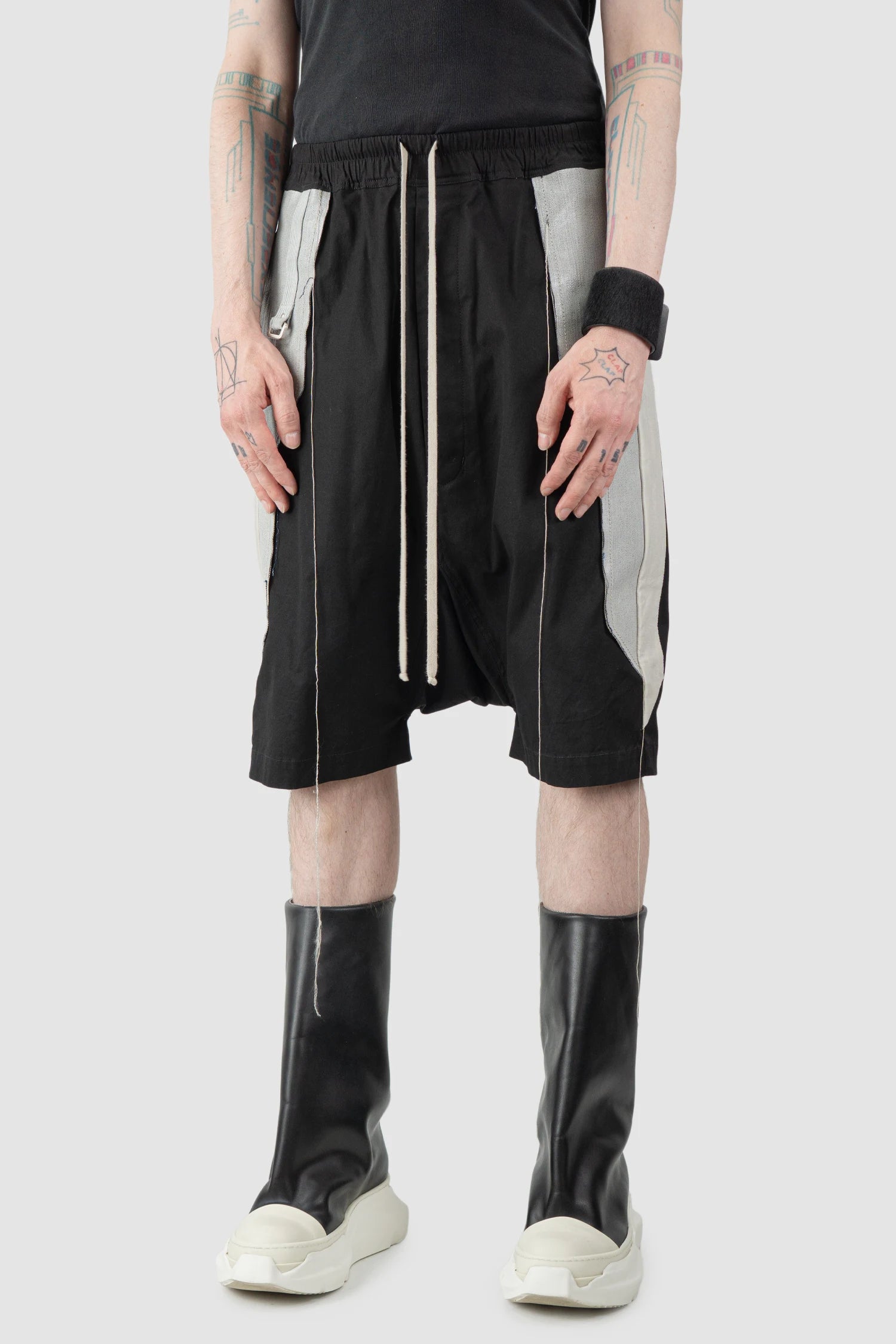 Rick Owens - Black & Pearl Patch Cotton Pod Shorts SS19 "Babel" - model front side view