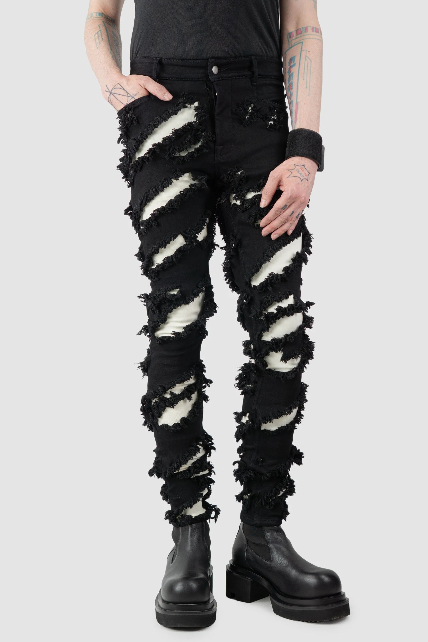 Rick Owens - Black & White Slash Tyrone Jeans FW21 "Gethsemane" - model relaxed view