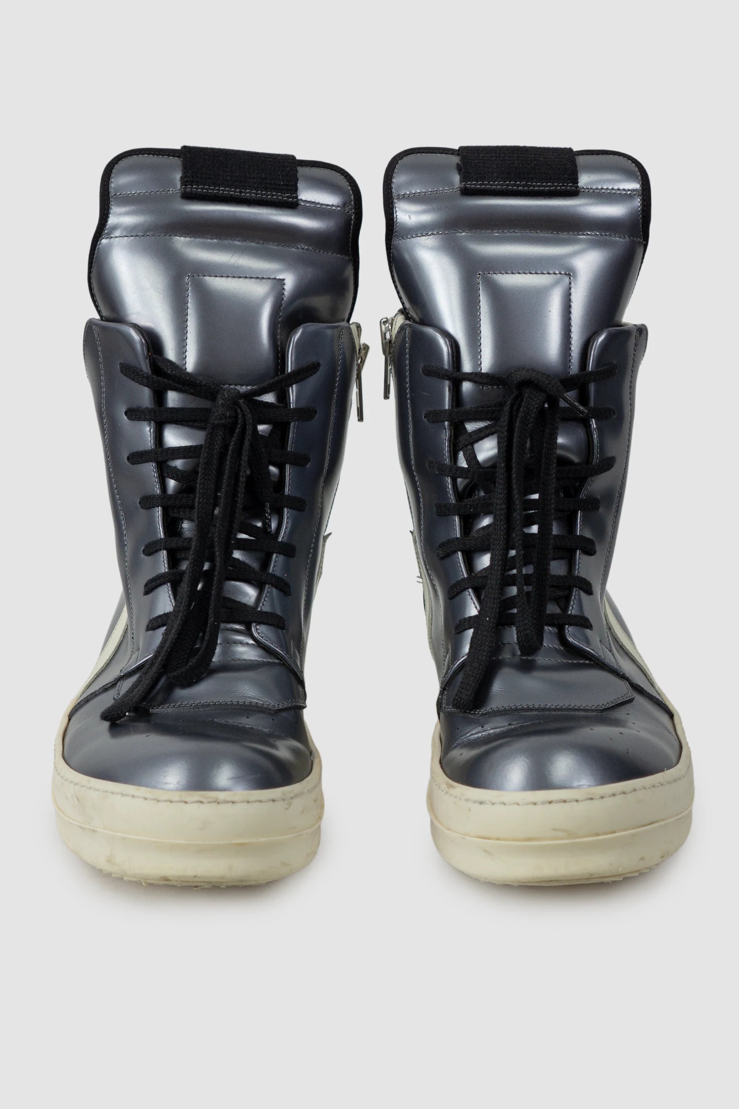 Rick Owens - Dirty Silver Leather Geobasket Sneakers SS15 "Faun" - front view