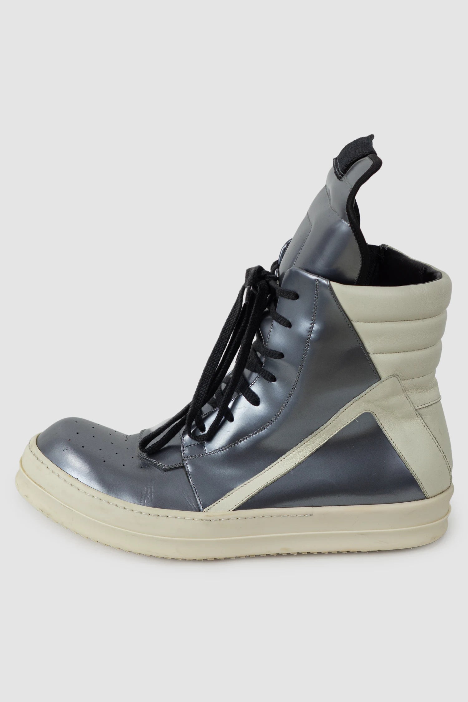 Rick Owens - Dirty Silver Leather Geobasket Sneakers SS15 "Faun" - left outside view