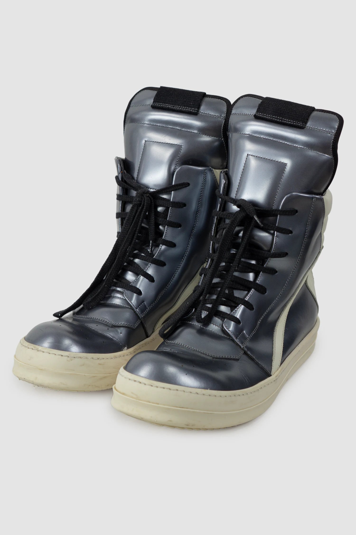 Rick Owens - Dirty Silver Leather Geobasket Sneakers SS15 "Faun" - pair front left view - MONO-KROM | Gallery