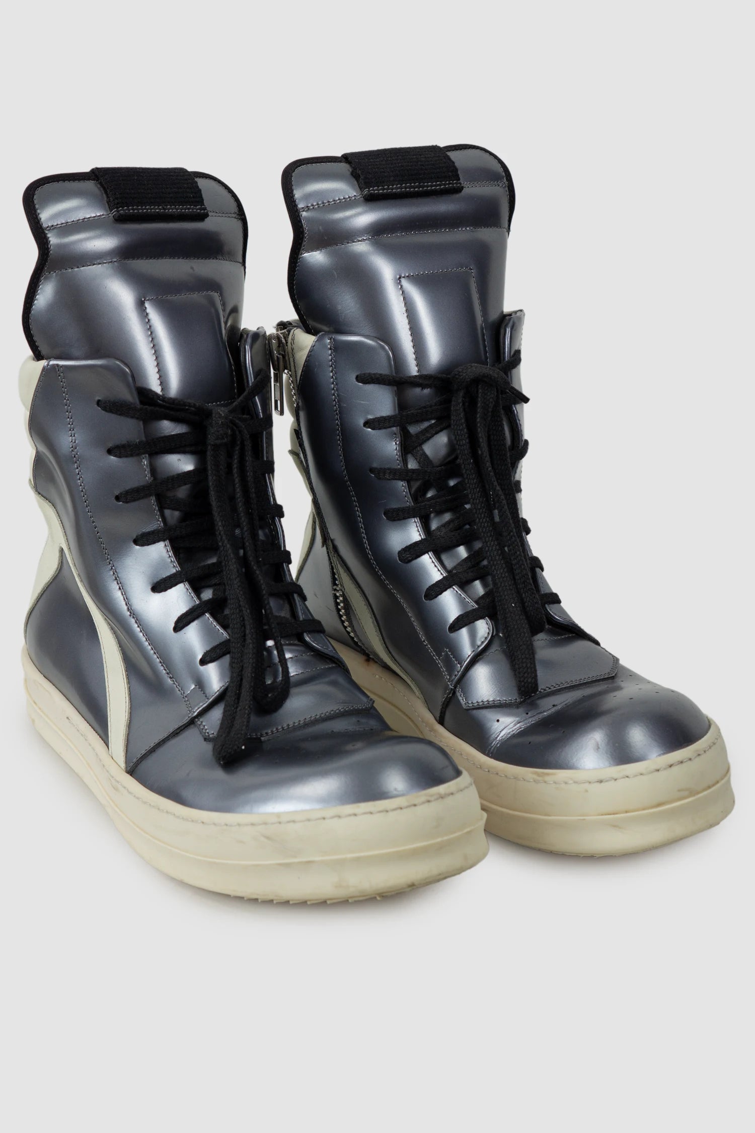 Rick Owens - Dirty Silver Leather Geobasket Sneakers SS15 "Faun" - pair front right view - MONO-KROM | Gallery