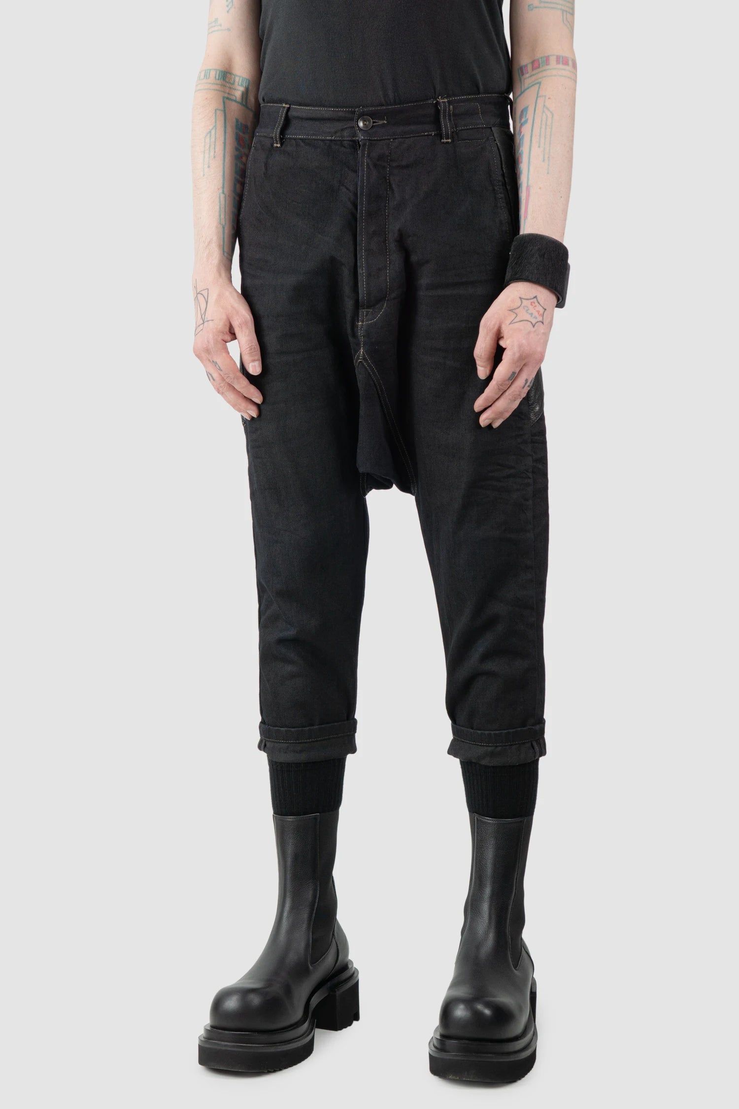 Rick Owens DRKSHDW - Black Calf Leather Patch Cropped Denim Jeans "Archive" - model front side view