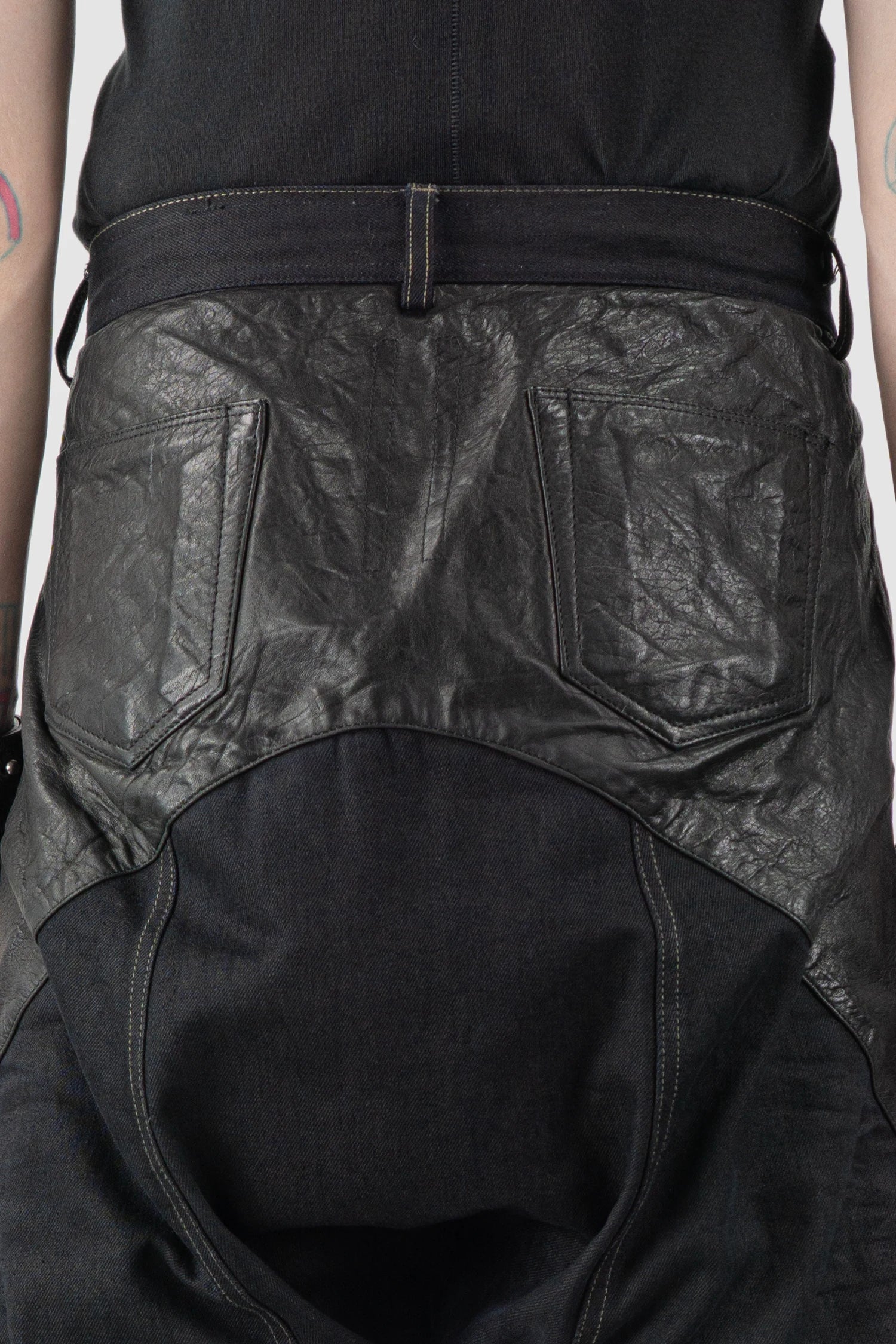 Rick Owens DRKSHDW - Black Calf Leather Patch Cropped Denim Jeans 