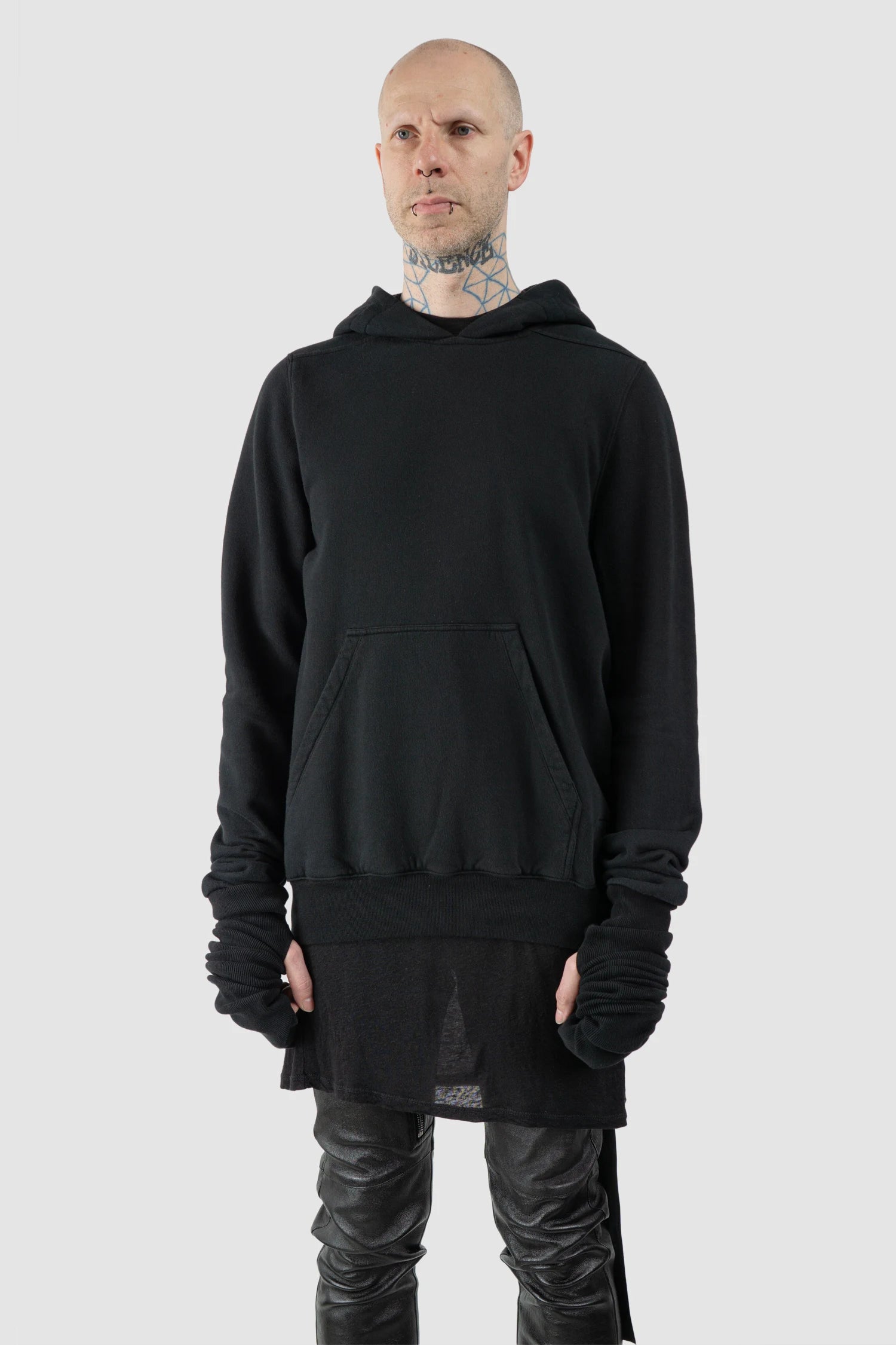 Rick Owens DRKSHDW - Black Gauntlet Granbury Hoodie SS23 "Edfu" - model front side view