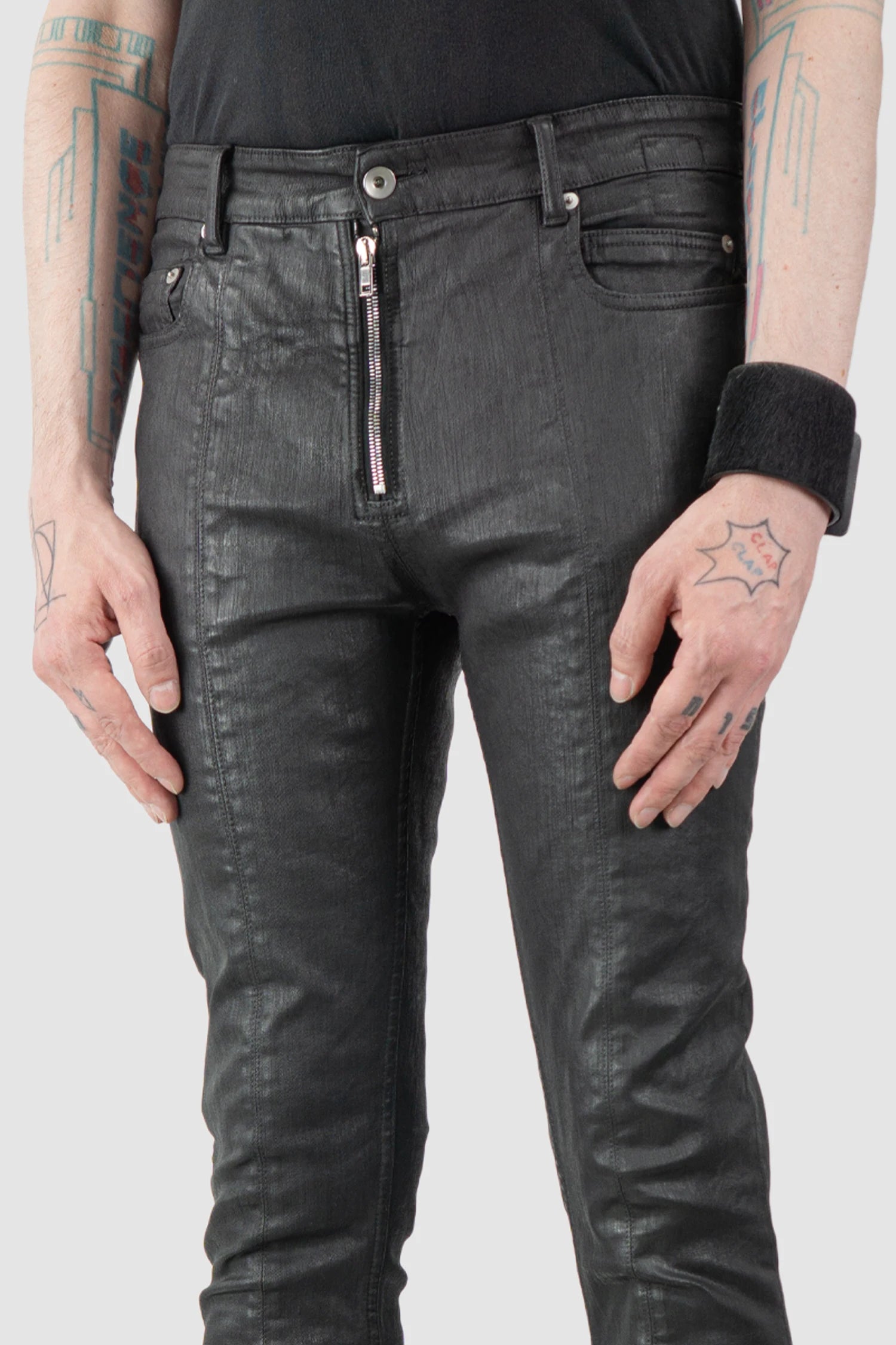 Rick Owens DRKSHDW - Black Waxed Tyrone Slit Cut Jeans FW20 "Performa" - front detail view