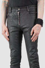 Rick Owens DRKSHDW - Black Waxed Tyrone Slit Cut Jeans FW20 "Performa" - front detail view