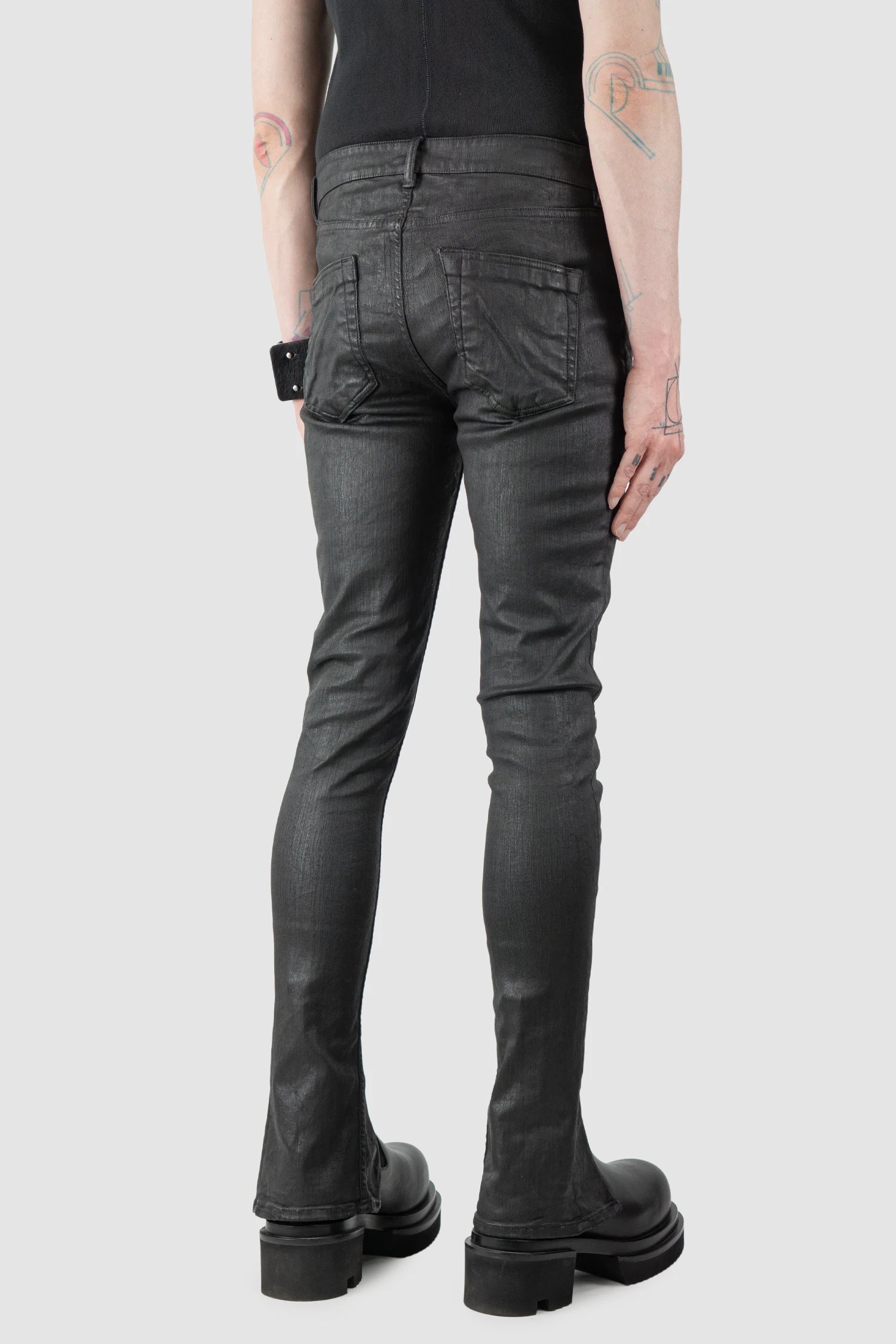 Rick Owens DRKSHDW - Black Waxed Tyrone Slit Cut Jeans FW20 "Performa" - model back side view