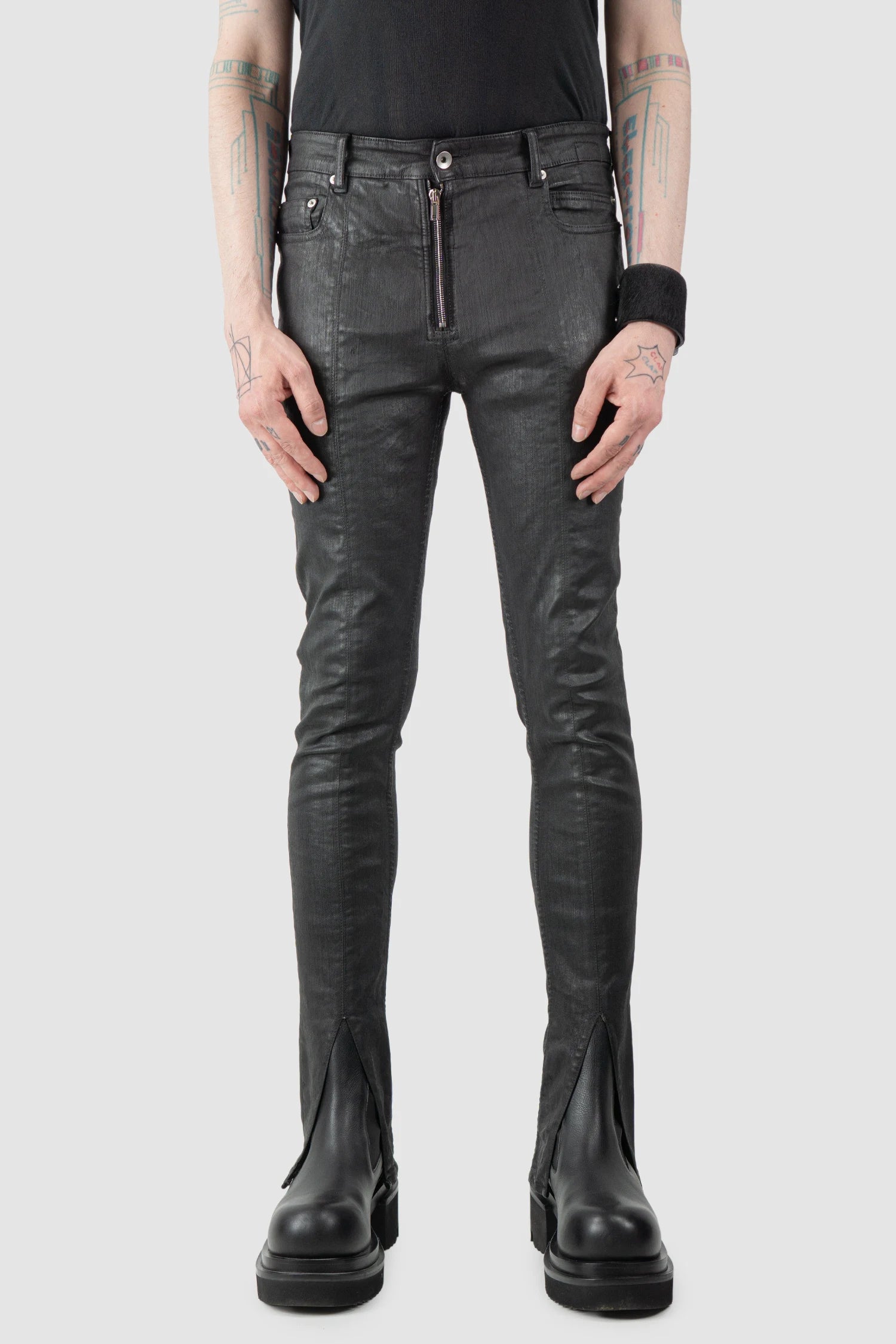 Rick Owens DRKSHDW - Black Waxed Tyrone Slit Cut Jeans FW20 