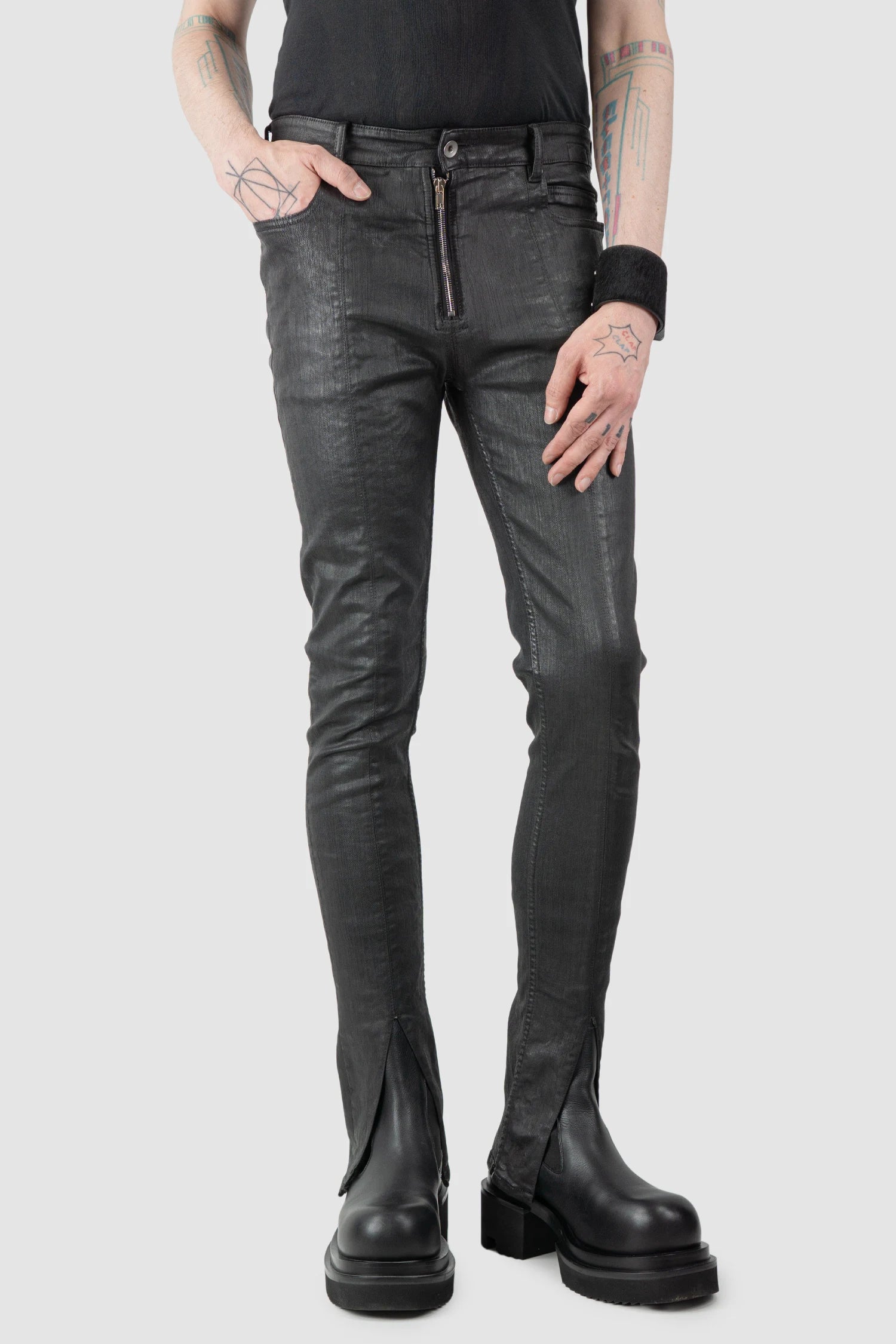 Rick Owens DRKSHDW - Black Waxed Tyrone Slit Cut Jeans FW20 "Performa" - model relaxed view