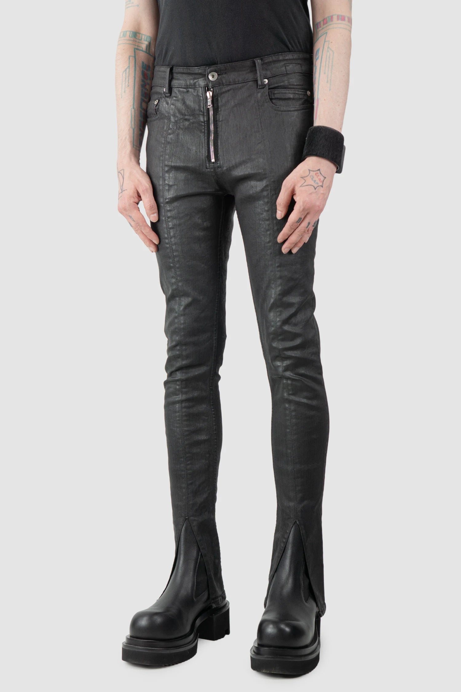 Rick Owens DRKSHDW - Black Waxed Tyrone Slit Cut Jeans FW20 
