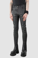 Rick Owens DRKSHDW - Black Waxed Tyrone Slit Cut Jeans FW20 "Performa" - model front side view - MONO-KROM | Gallery