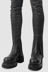 Rick Owens DRKSHDW - Black Waxed Tyrone Slit Cut Jeans FW20 "Performa" - mslit detail view