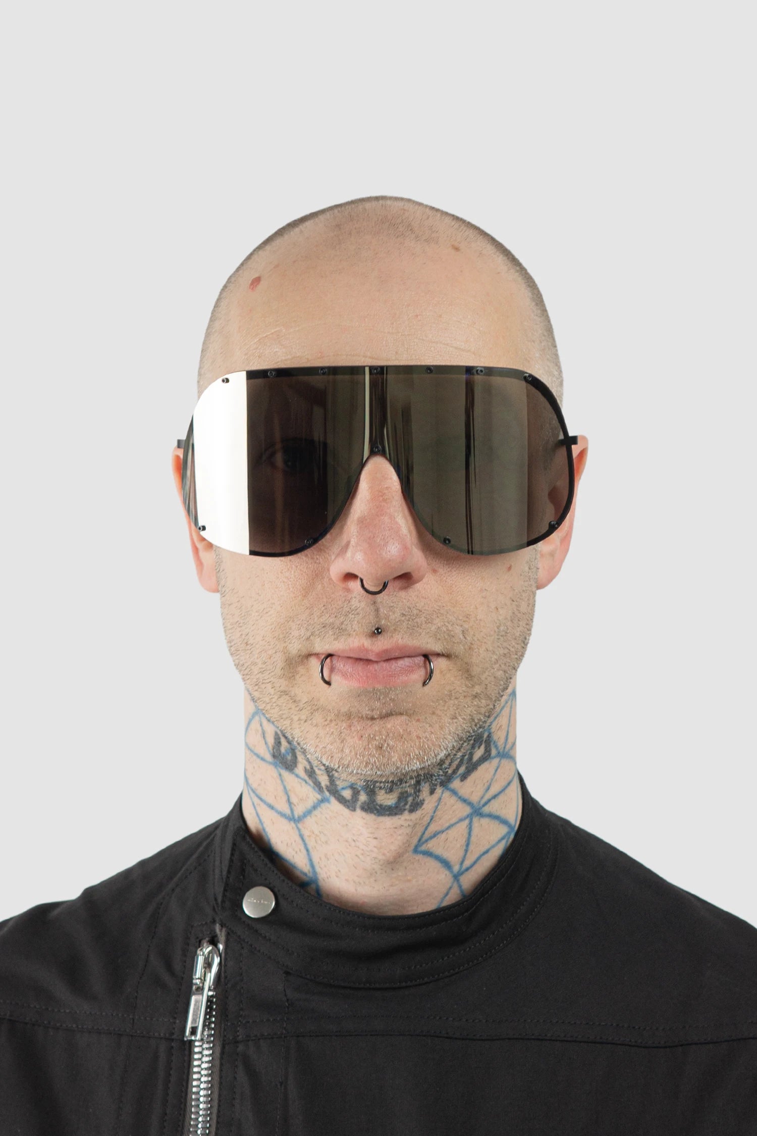 Rick Owens - Flash Gold Shield Sunglasses - model front view - MONO-KROM | Gallery
