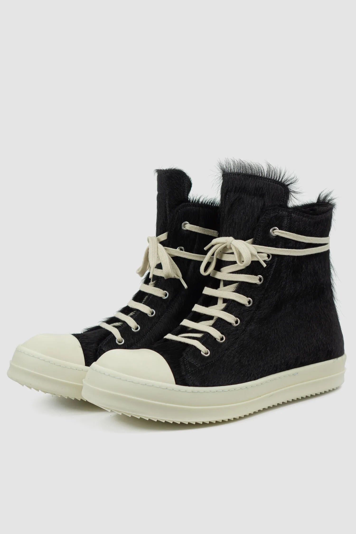 Rick Owens - Men's Fur Black Leather Ramones Sneaker - Pair front lef view - MONO-KROM | Gallery