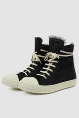 Rick Owens - Men's Fur Black Leather Ramones Sneaker - Pair front lef view - MONO-KROM | Gallery