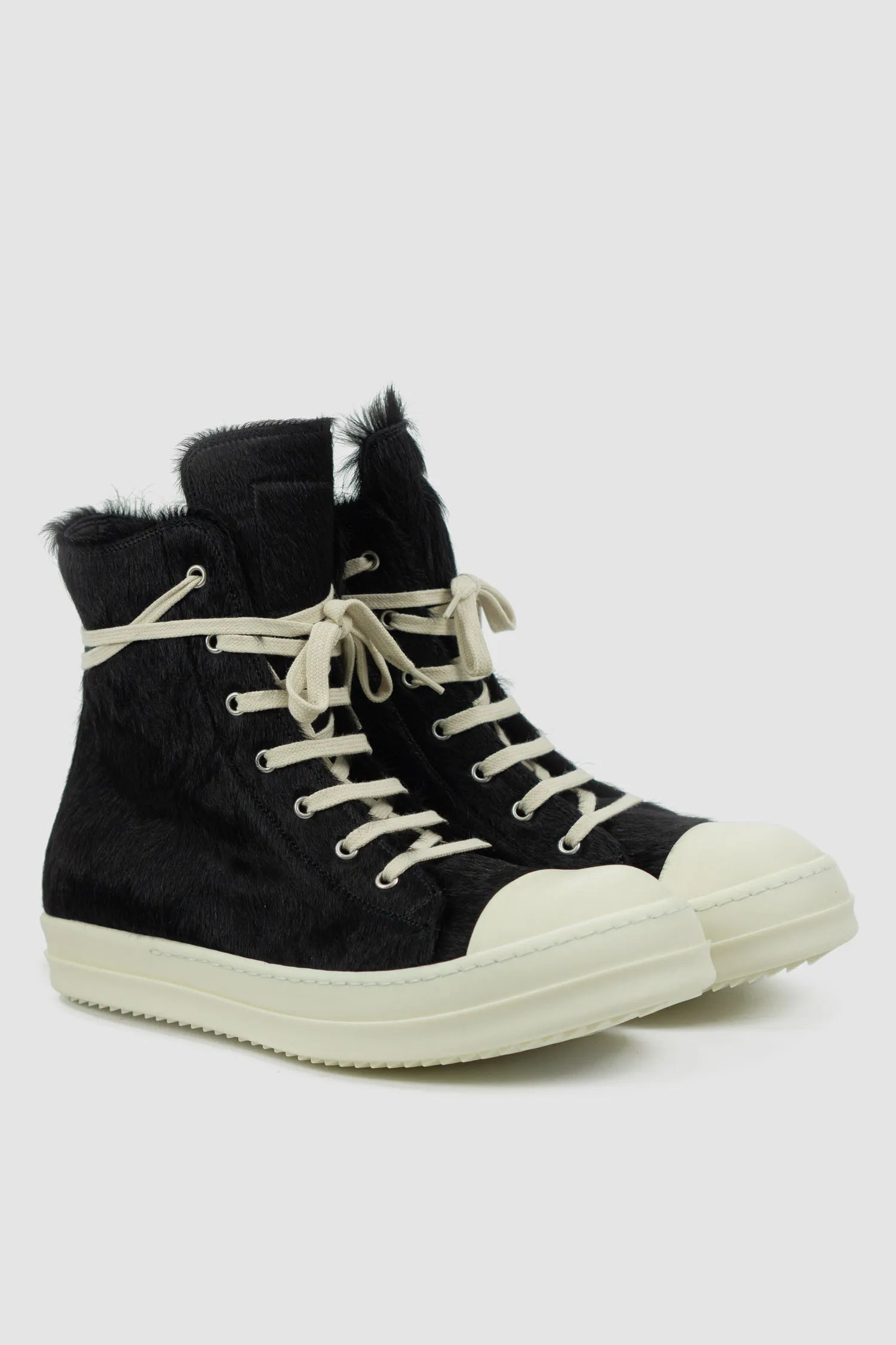 Rick Owens - Men's Fur Black Leather Ramones Sneaker - Pair front right view - MONO-KROM | Gallery