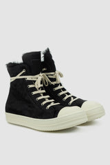 Rick Owens - Men's Fur Black Leather Ramones Sneaker - Pair front right view - MONO-KROM | Gallery