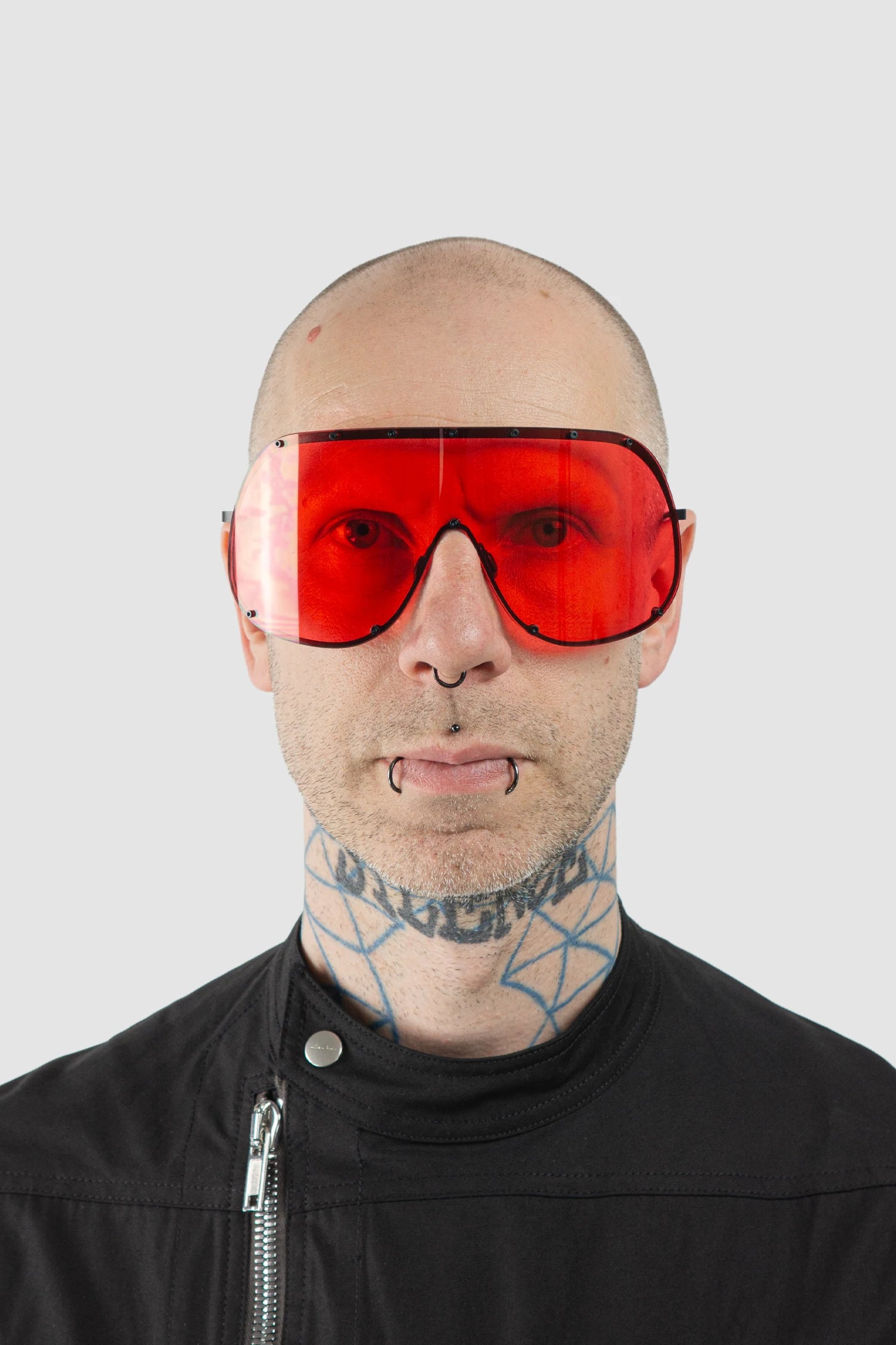 Rick Owens - Red Shield Sunglasses FW19 "Larry" - model front view - MONO-KROM | Gallery