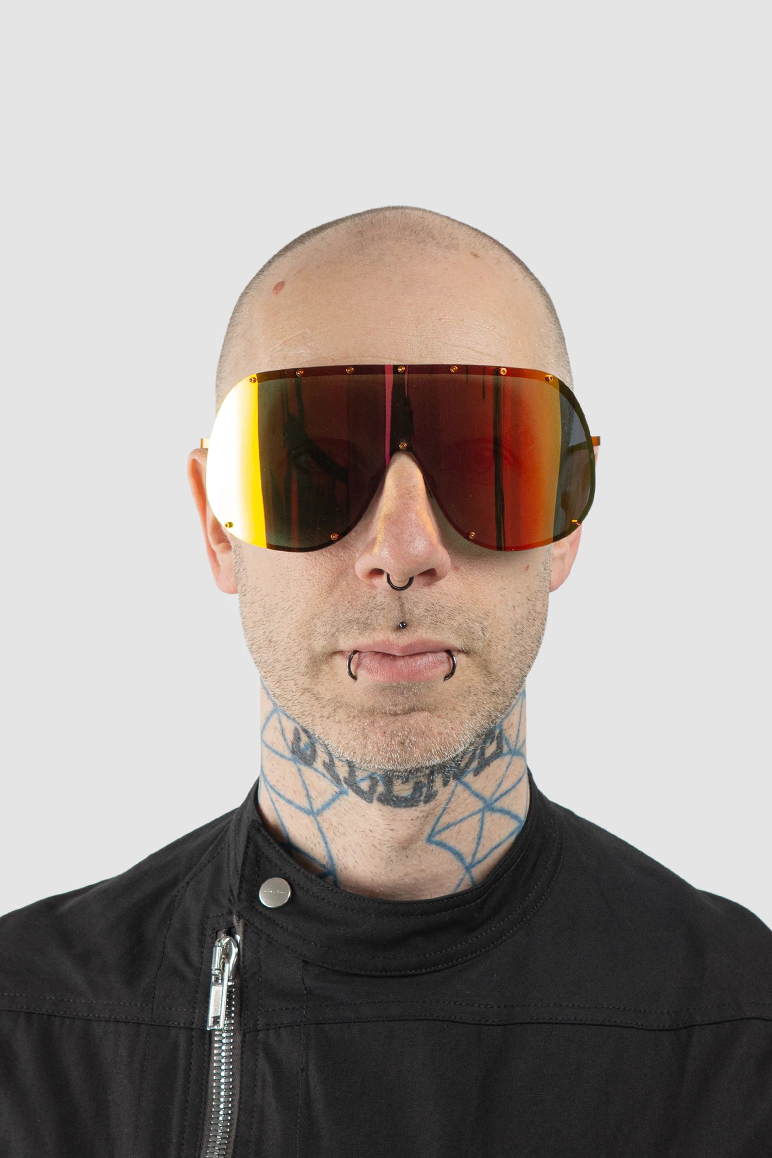 Rick Owens - Shield Sunglasses Gorange - model front view - MONO-KROM | Gallery